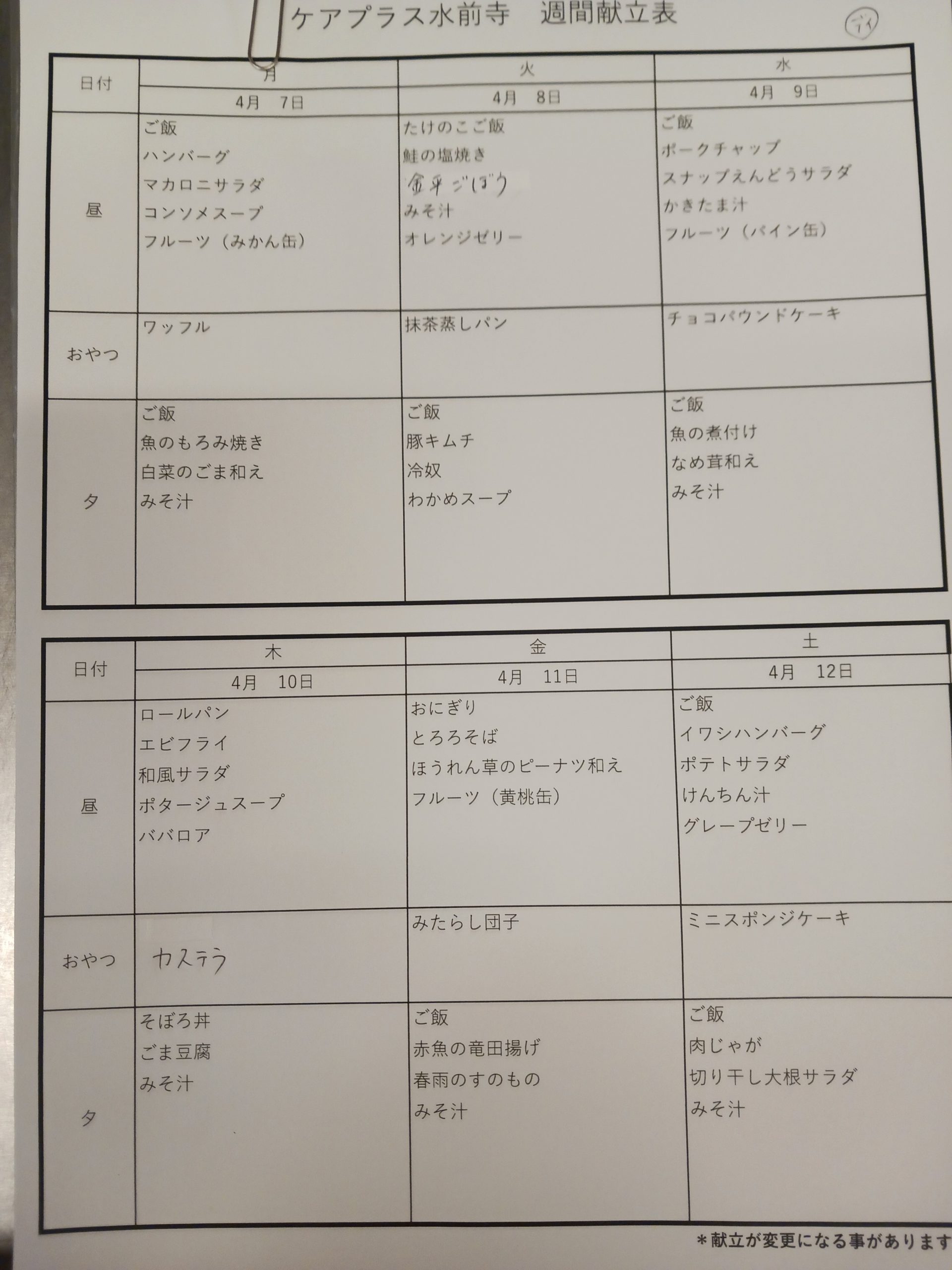 来週の献立♪
