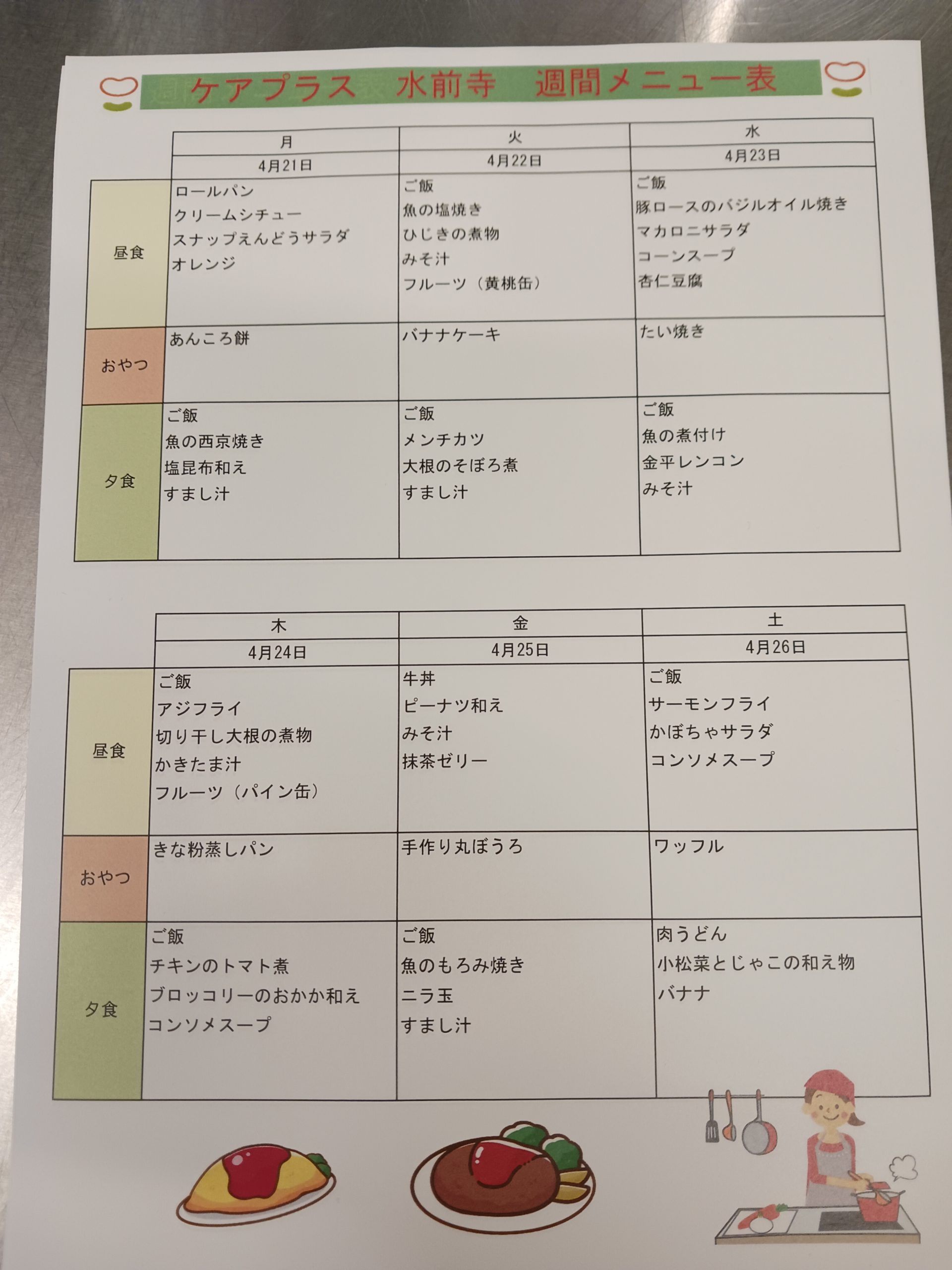 来週のメニユー表